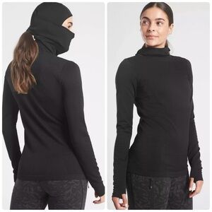 Athleta Black Flurry Balaclava Rib Top w/ Built in Hood Face Base Layer Size S